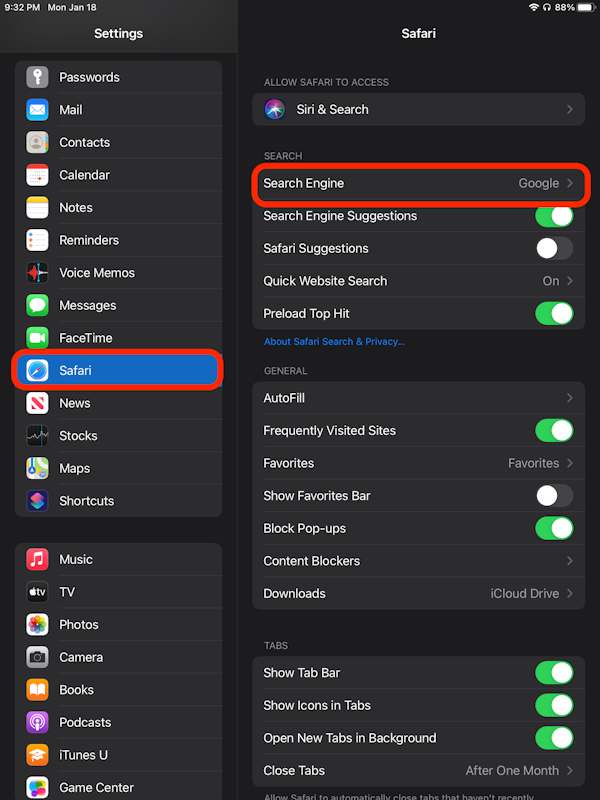 Change the default search engine on iPad