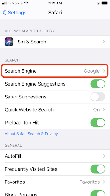 Change the default search engine on iPhone