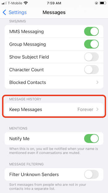 Set iPhone to automatically delete old text messages