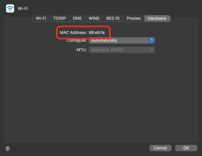 The Mac network hardware settings