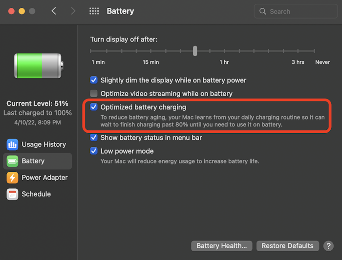 Disable MacBook optimized battery charging