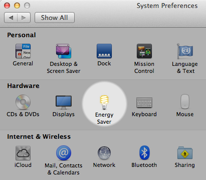 Energy Saver settings in System Preferences