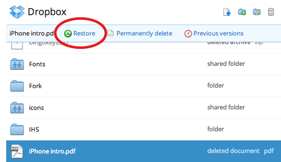 Restoring deleted files in Dropbox