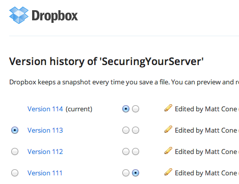 Dropbox file version history
