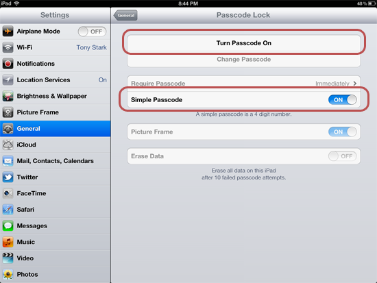 Turning on the passcode for iPad