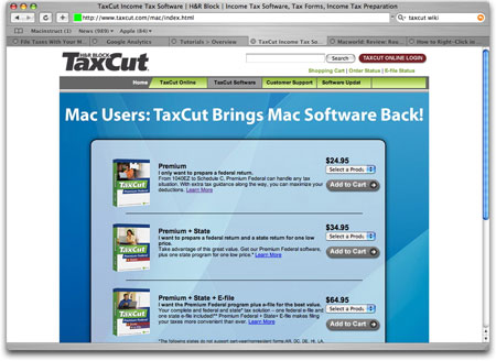 H&amp;R Block&rsquo;s TaxCut application for Mac