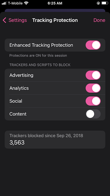 Firefox Focus tracking protection on iPhone