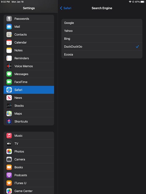 Change the default search engine on iPad