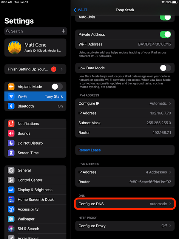 iPad network settings