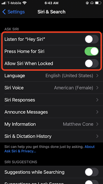 Disabling Siri on an iPhone
