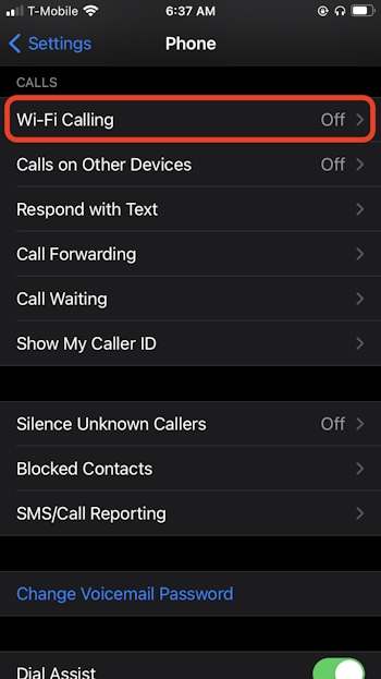 Disabling WiFi calling on iPhone