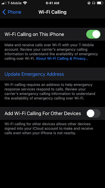 Disabling WiFi calling on iPhone