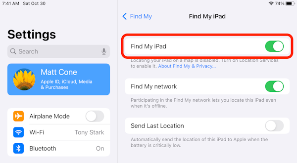 Enable Find My iPad on your iPad