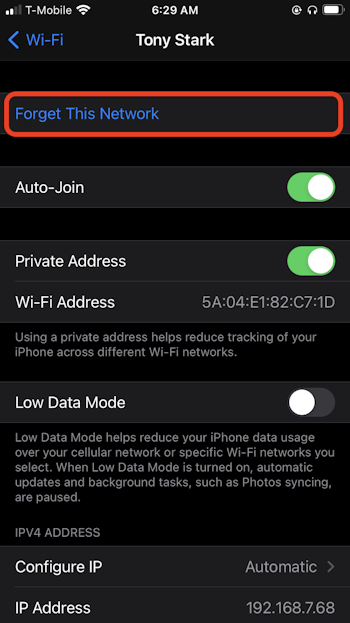 iPhone Wi-Fi network settings