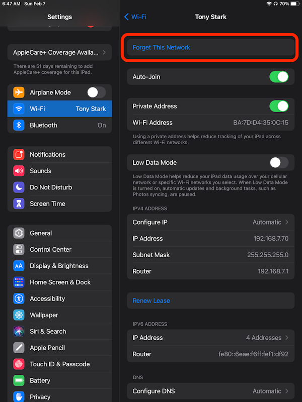 Forget a wifi network on an iPad