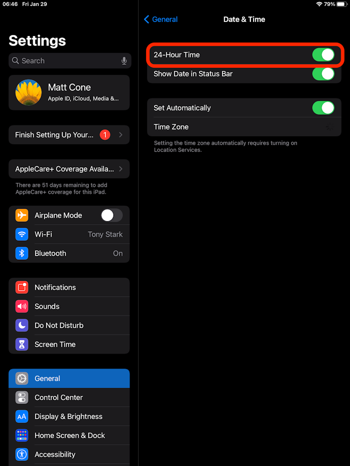 iPad date and time system settings