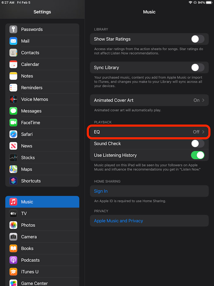 iPad audio EQ (equalizer) settings