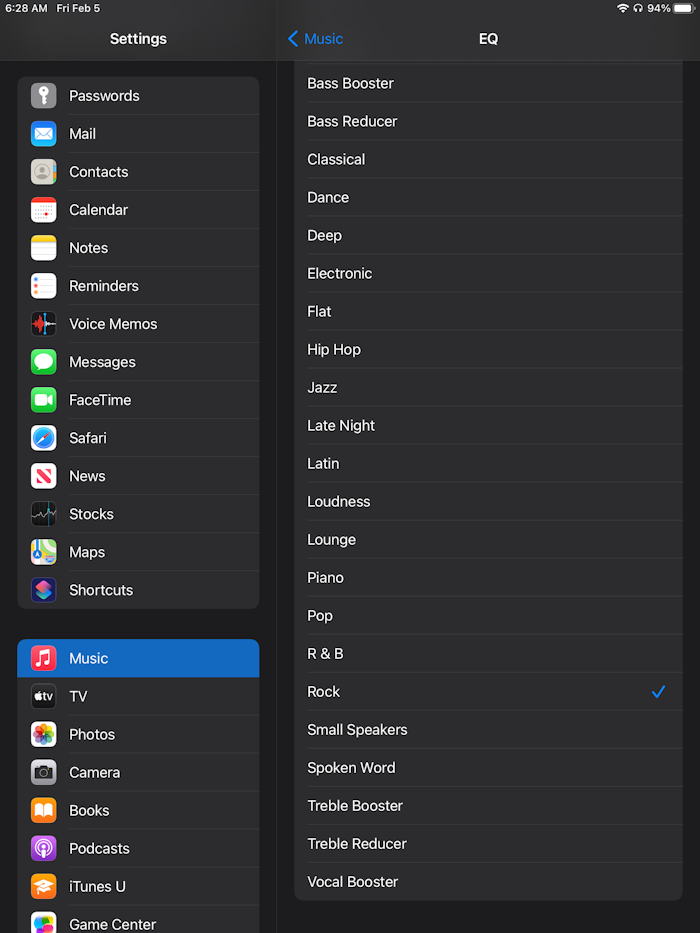 iPad audio EQ (equalizer) settings
