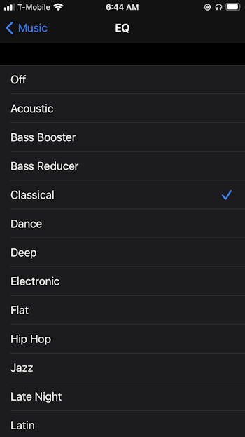 iPhone audio EQ (equalizer) settings