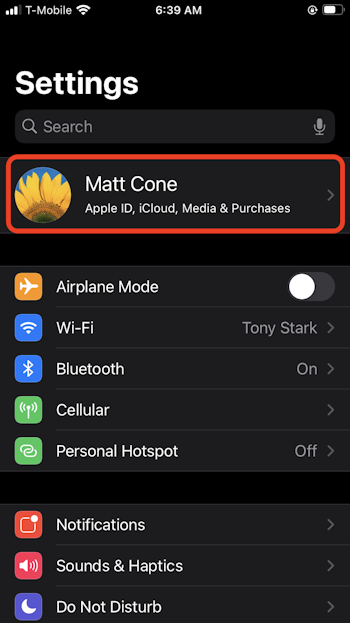 iOS system settings