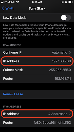 self assigned ip address iphone hotspot