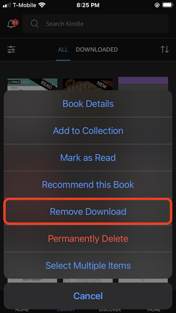 Delete downloaded Kindle book from iPhone