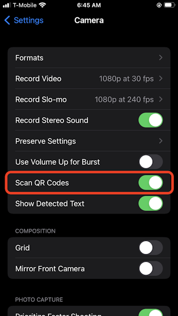 Enable the QR code scanning feature on your iPhone