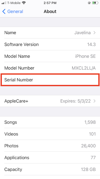 Find iPhone serial number