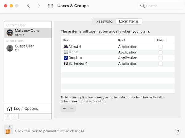 User and groups system preferences on a Mac