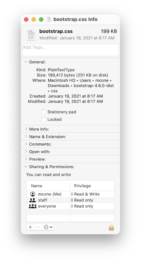 Changing Mac file permissions with the Get Info window