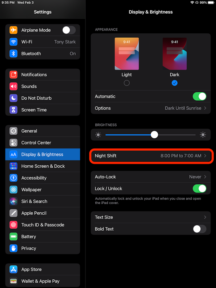 iPad Display &amp; Brightness settings