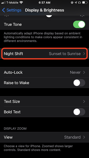 iPhone Display &amp; Brightness settings