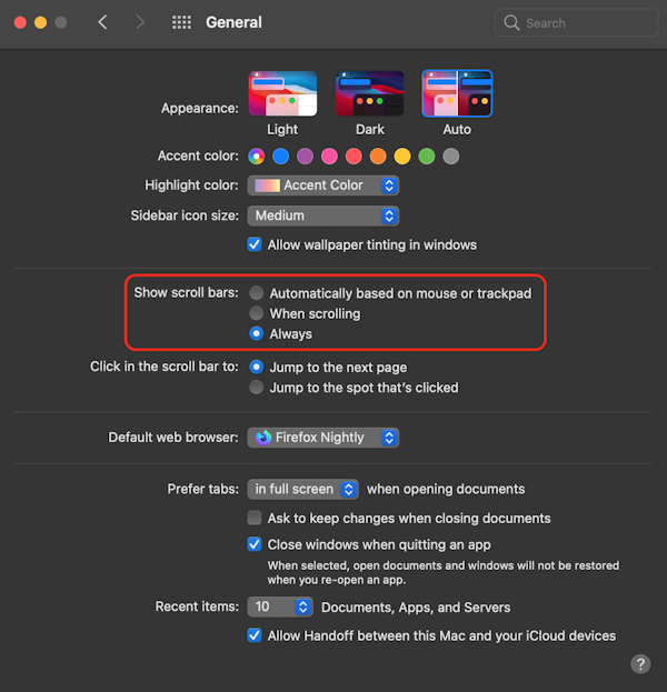 macOS scroll bar settings