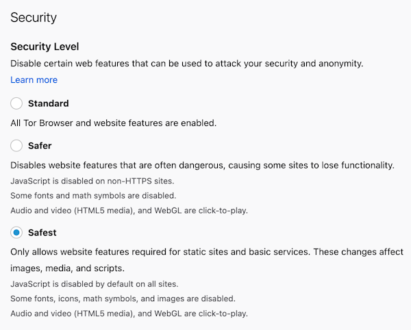 Enabling strict Tor security settings