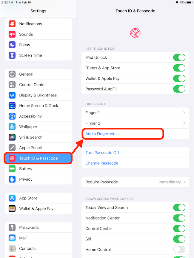 Touch ID settings on iPad