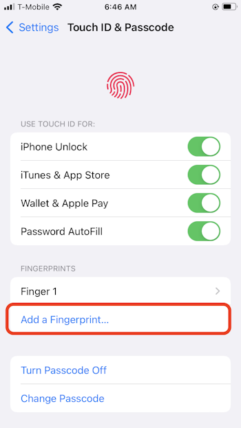 Touch ID settings on iPhone