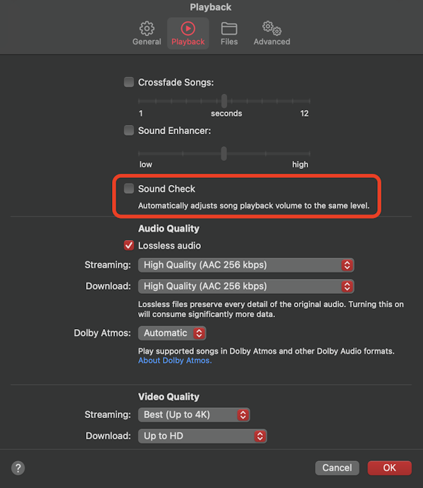 Apple Music for Mac sound check preferences.