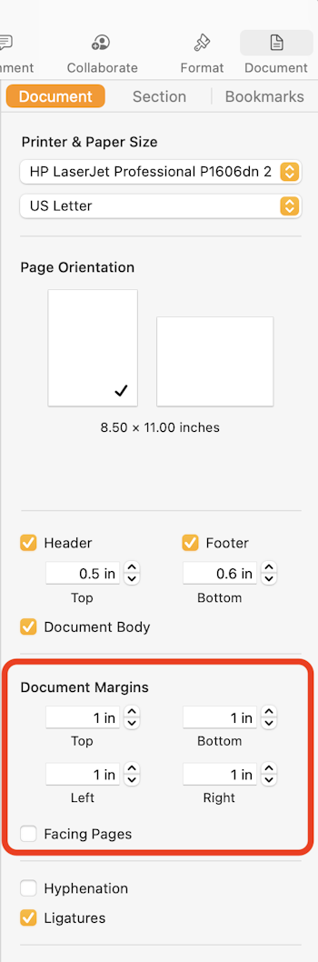 Changing the margins in a Apple Pages for Mac document