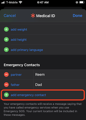 Setting up emergency contacts on iPhone