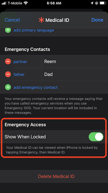 Setting up emergency contacts on iPhone