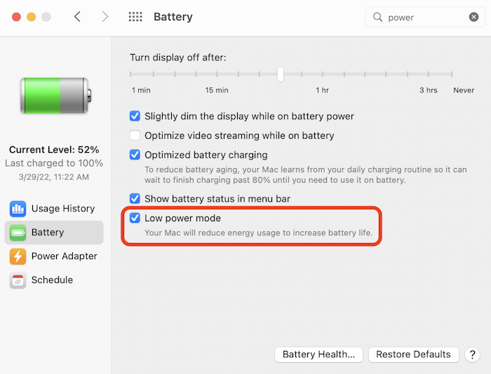 MacBook low power mode