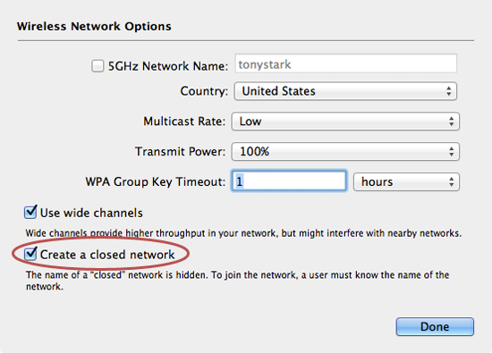 AirPort wireless network options