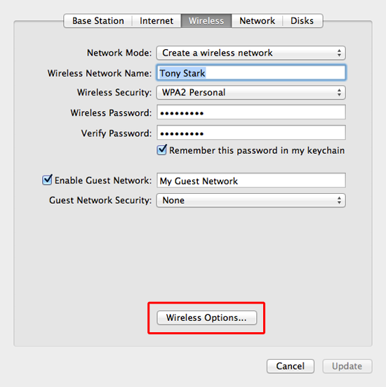 Editing AirPort wireless settings