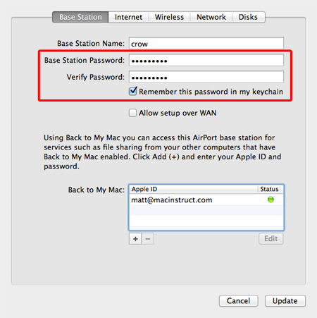 AirPort base station system settings