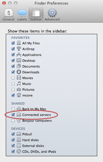Showing a network drive on your Mac, in the Finder