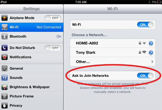 iPad wireless network settings