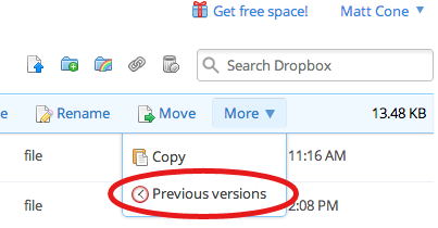 Restoring a previous version of a file in Dropbox