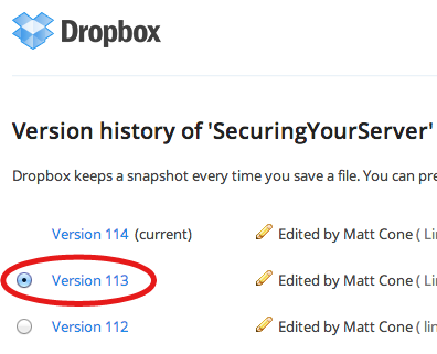 Selecting a version of a file to restore in Dropbox