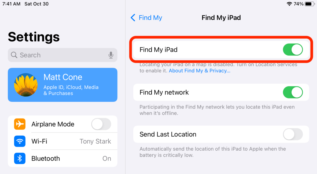 Enable Find My iPad on your iPad
