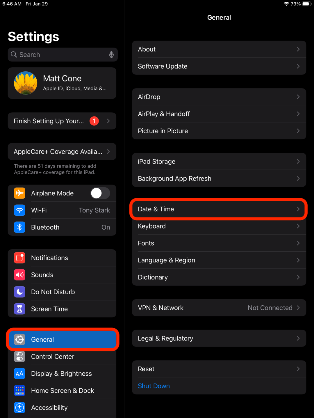General iPad system settings
